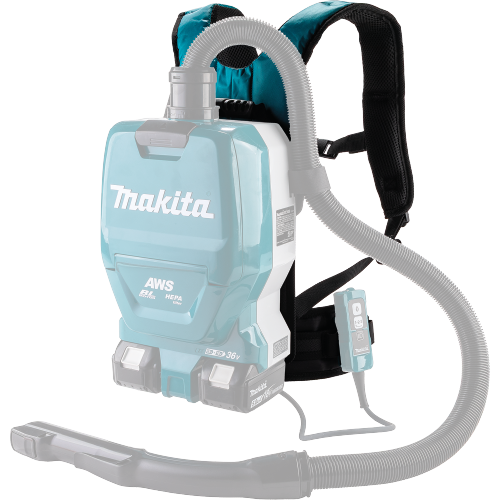 Makita 162B50-6A Feature Shot (harness with ghosted vacuum) - Thumbnail