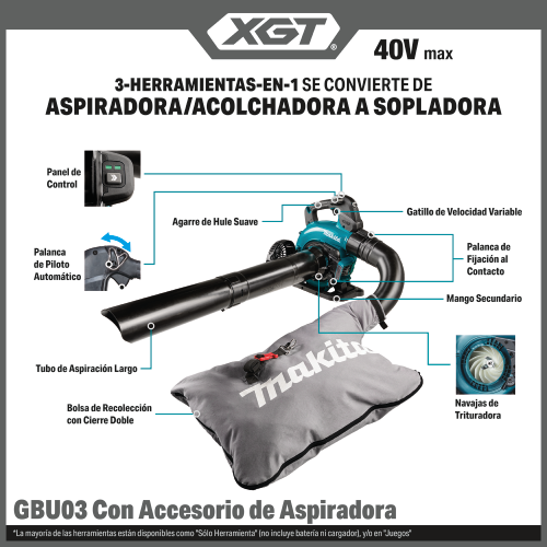 Makita GBU03ZV Feature Shot (Spanish Callouts) - Thumbnail