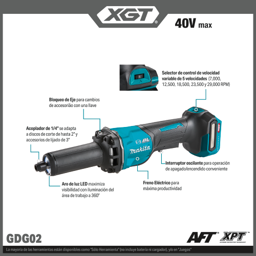 Makita GDG02 Feature Shot (Spanish Callouts) - Thumbnail