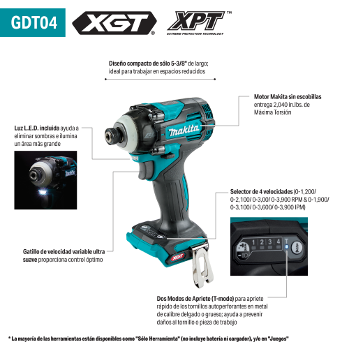 Makita GDT04 Feature Shot (Spanish Callouts) - Thumbnail