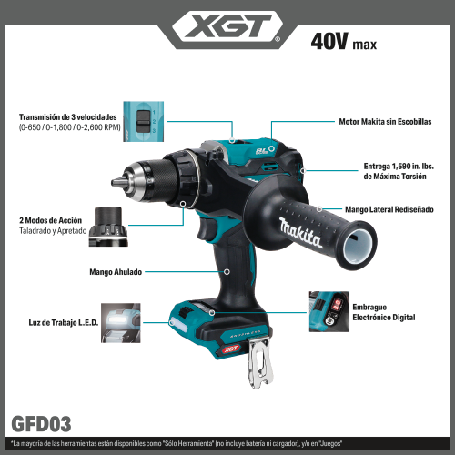 Makita GFD03 Feature Shot (Spanish Callouts) - Thumbnail