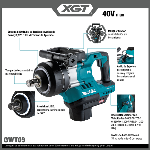 Makita GWT09 Feature Shot (callouts) SPANISH - Thumbnail