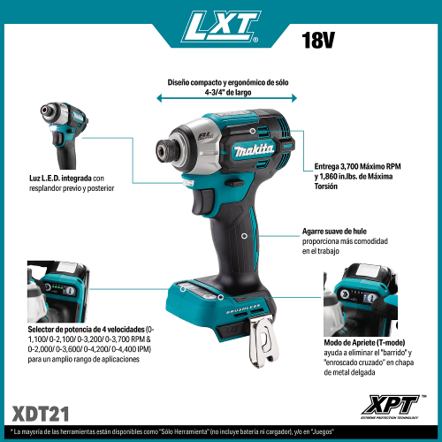 Makita XDT21 Feature Shot (callouts) SPANISH - Thumbnail
