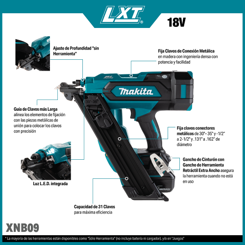 Makita XNB09 Feature Shot (callouts) SPANISH - Thumbnail
