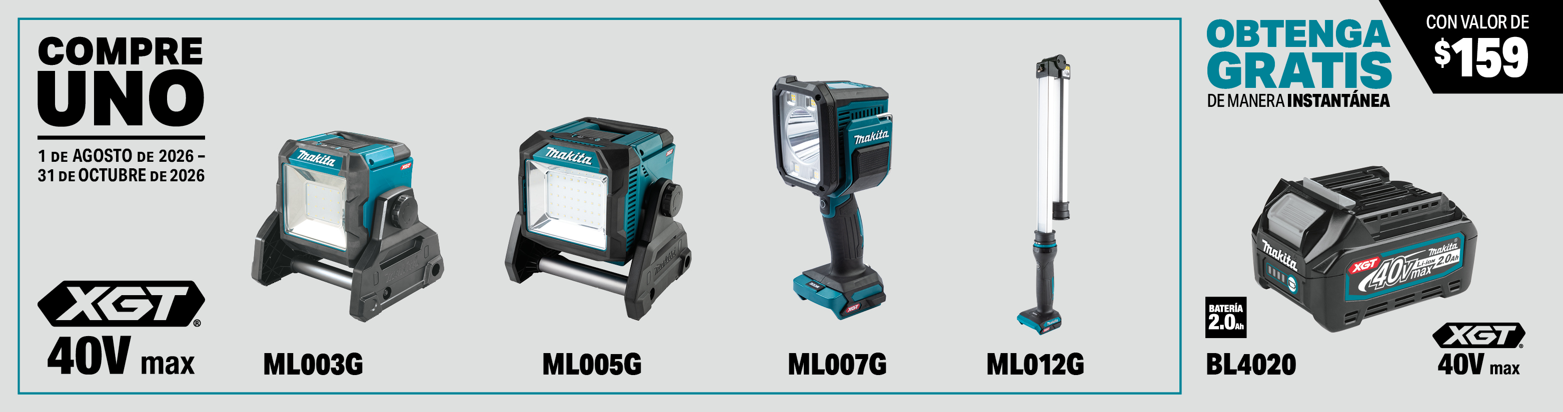 compre una de estas luces accesorias: ml003g, ml005g, ml007g, ml012g. obtenga una batería xgt® de 40v max 2.0ah gratis al instante, model(s): bl4020, 