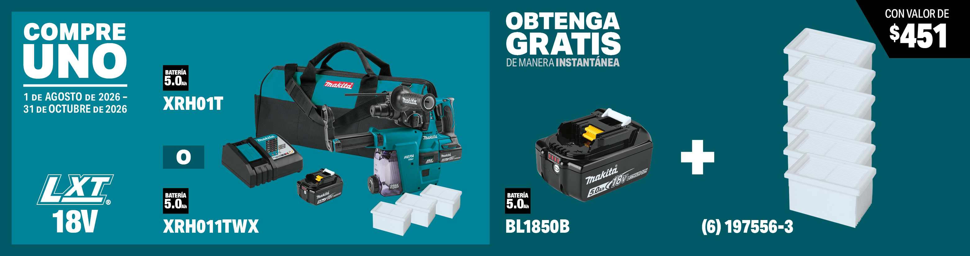compre uno de estos juegos de rotomartillo inalámbrico de 1" lxt® litio-ion de 18v sin escobillas (5.0ah): xrh011twx, xrh01t. obtenga una batería lxt® litio-ion de 18v 5.0ah y 6 filtros hepa gratis al instante, model(s): 197556-3, bl1850b, 