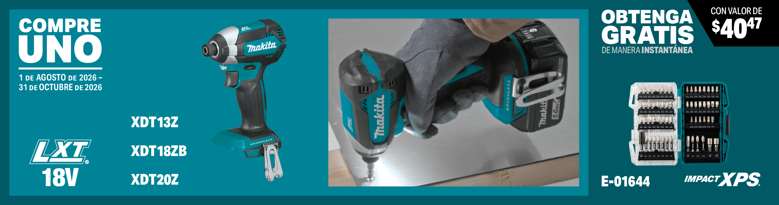 compre uno de estos atornilladores de impacto inalámbricos lxt® litio-ion de 18v, sólo herramienta: xdt13z, xdt18zb, xdt20z. obtenga un juego de brocas de impacto impact xps® de 60 pzas. gratis al instante, model(s): e-01644, 