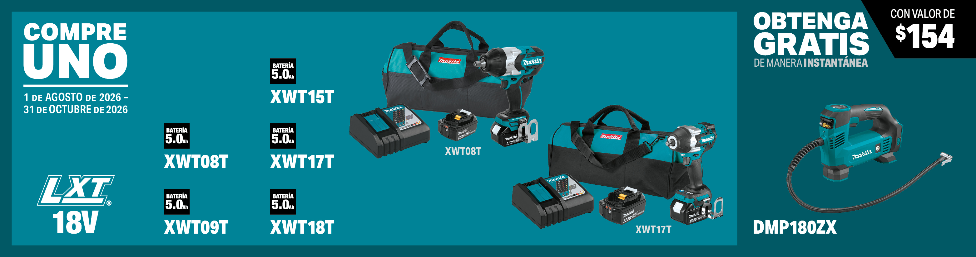 compre uno de estos juegos de llave de impacto inalámbrica lxt® litio-ion de 18v sin escobillas (5.0ah): xwt08t, xwt09t, xwt15t, xwt17t, xwt18t. obtenga un inflador inalámbrico lxt® litio-ion de 18v, sólo herramienta, gratis al instante, model(s): dmp180zx, 