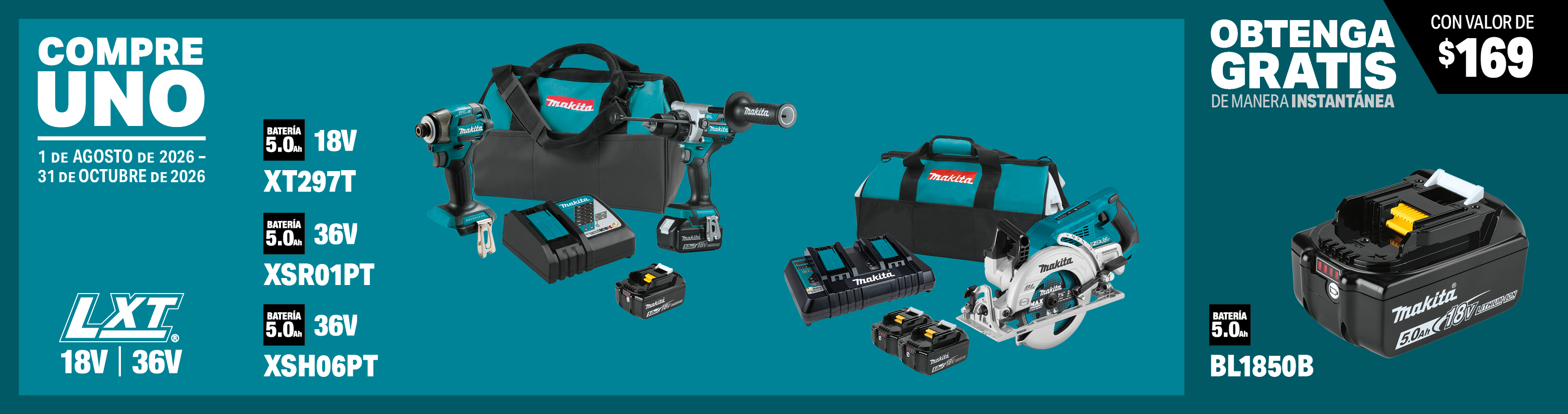 compre uno de estos juegos de herramientas lxt® litio-ion de 18v o 36v: xsh06pt, xsr01pt, xt297t. obtenga una batería lxt® de 18v 5.0ah gratis al instante, model(s): bl1850b, 