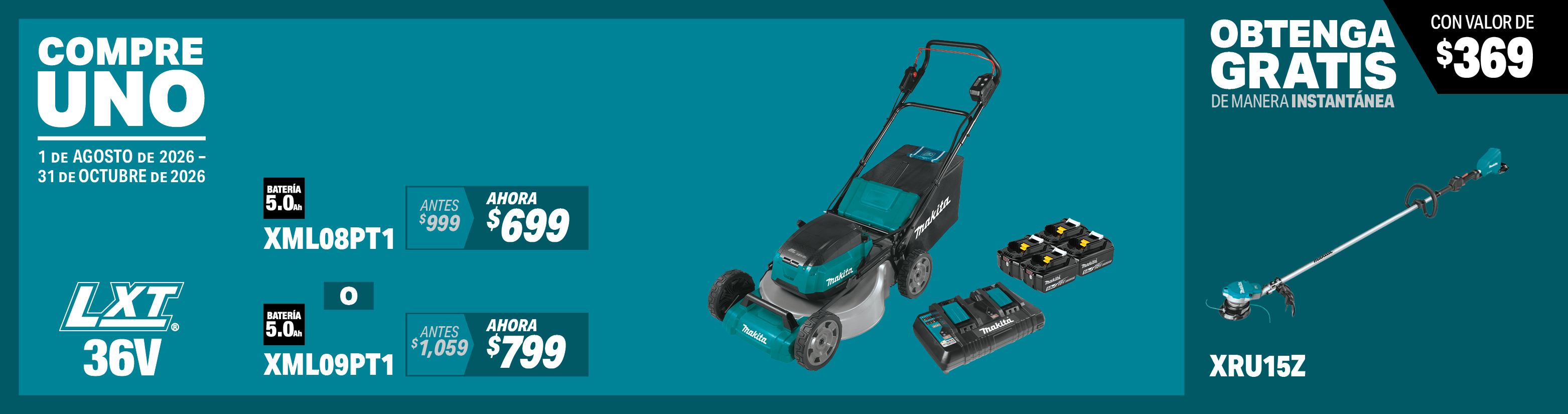 compre uno de estos juegos de cortacésped comercial autopropulsado de 21" inalámbrico lxt® litio-ion de 36v (18v x2) sin escobillas con 4 baterías (5.0ah): xml08pt1, xml09pt1. obtenga una desbrozadora de cordel lxt® de 36v (18v x2) sin escobillas, sólo herramienta gratis al instante, model(s): xru15z, 