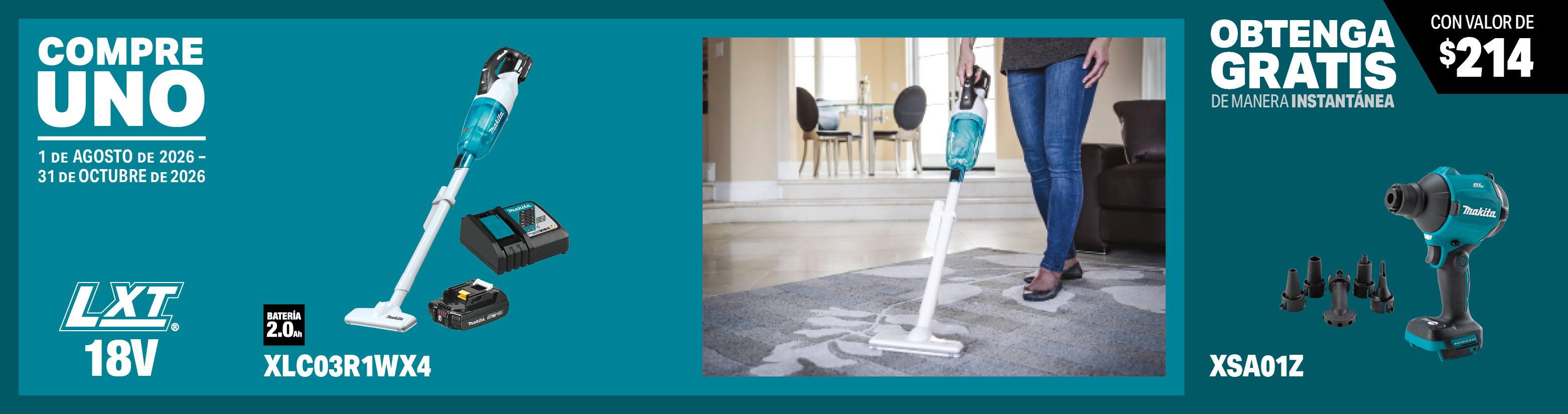 compre este juego de aspiradora vertical de 4 velocidades compact inalámbrica lxt® litio-ion de 18v sin escobillas, con botón de presión (2.0ah): xlc03r1wx4. obtenga un inflador/sopladora de polvo de alta velocidad inalámbrica lxt® de 18v sin escobillas, sólo herramienta gratis al instante, model(s): xsa01z, 