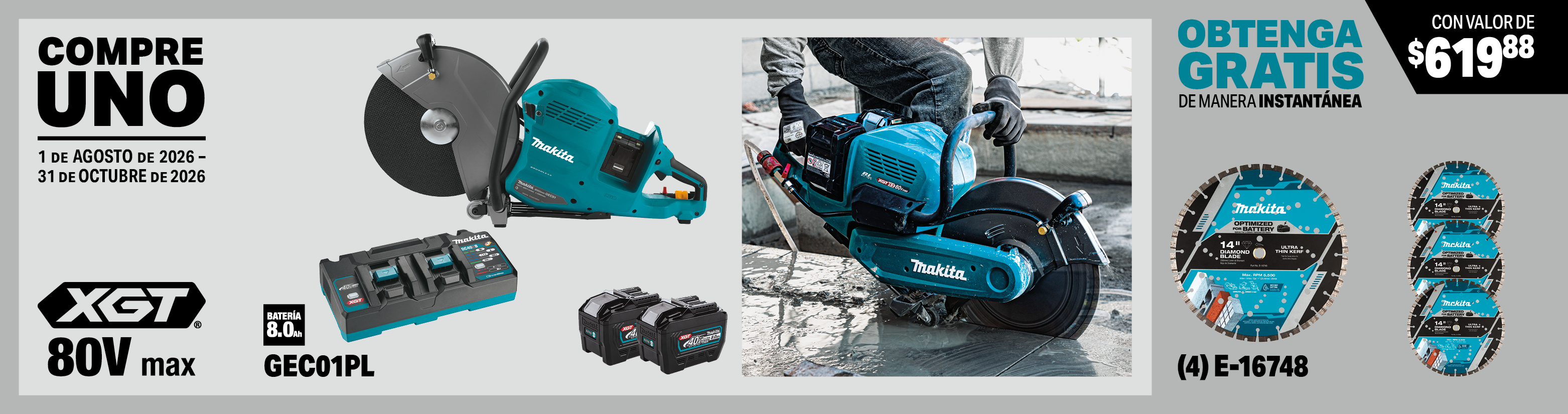 juego de cortadora industrial de 14" xgt® de 80v max (40v max x2) sin escobillas, con aft®, freno eléctrico (8.0ah): gec01pl. obtenga 4 hojas de diamante de garfio delgado de 14", segmentada, multiuso gratis al instante, model(s): e-16748, 