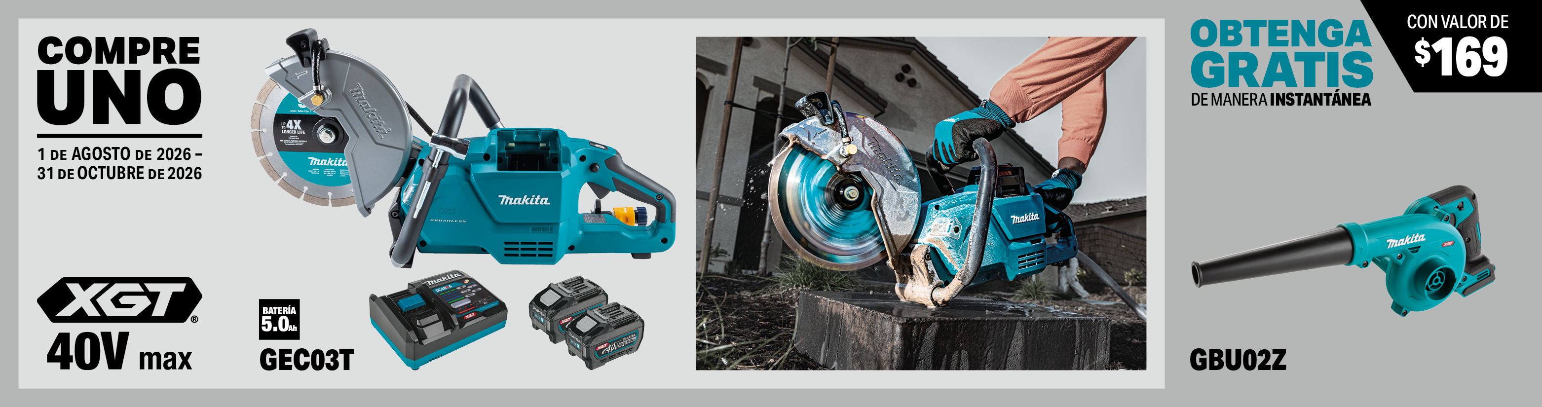 compre este juego de cortadora industrial de 9" inalámbrica xgt® de 40v max sin escobillas, con aft®, freno eléctrico (5.0ah): gec03t. obtenga una sopladora compact inalámbrica xgt® de 40v max, sólo herramienta gratis al instante, model(s): gbu02z, 
