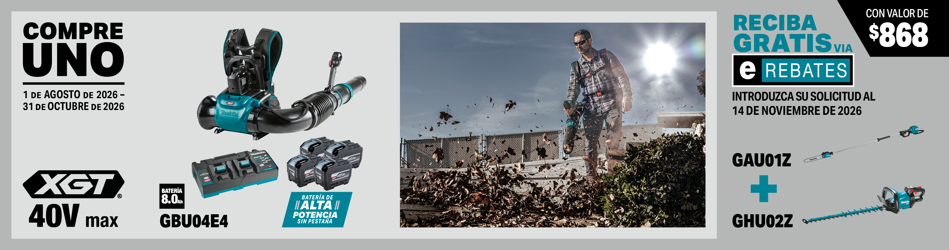 compre este juego de sopladora tipo mochila xgt® de 40v max sin escobillas con baterías de alta potencia (8.0ah): gbu04e4. reciba una podadora de altura xgt® de 40v max sin escobillas, longitud de 8', sólo herramienta y un cortasetos de 24" inalámbrico xgt® de 40v max sin escobillas, sólo herramienta gratis, model(s): gau01z, ghu02z, 