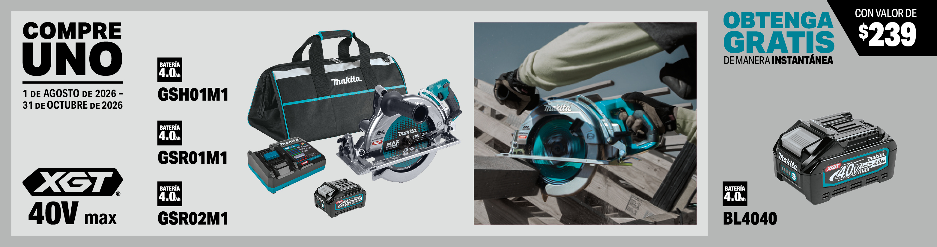 compre uno de estos juegos de sierra circular inalámbrica xgt® de 40v max sin escobillas (4.0ah): gsh01m1, gsr01m1, gsr02m1. obtenga una batería xgt® de 40v max 4.0ah gratis, model(s): bl4040, 