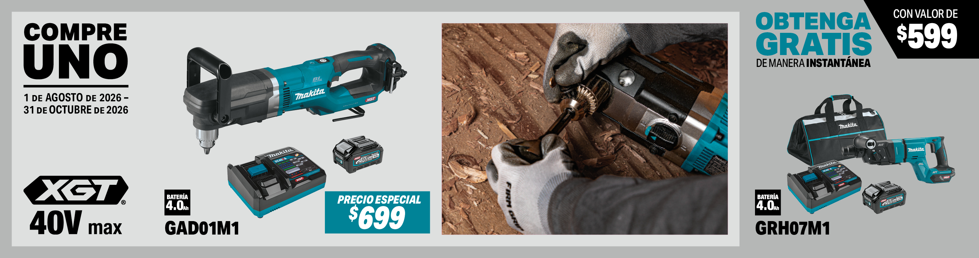 compre este juego de taladro de ángulo derecho de 1/2" inalámbrico xgt® de 40v max sin escobillas (4.0ah): gad01m1. obtenga un juego de rotomartillo de 1-1/8" avt® sds-plus inalámbrico xgt® de 40v max sin escobillas (mango-d), aft®, capacitado con aws® (4.0ah) gratis al instante, model(s): grh07m1, 