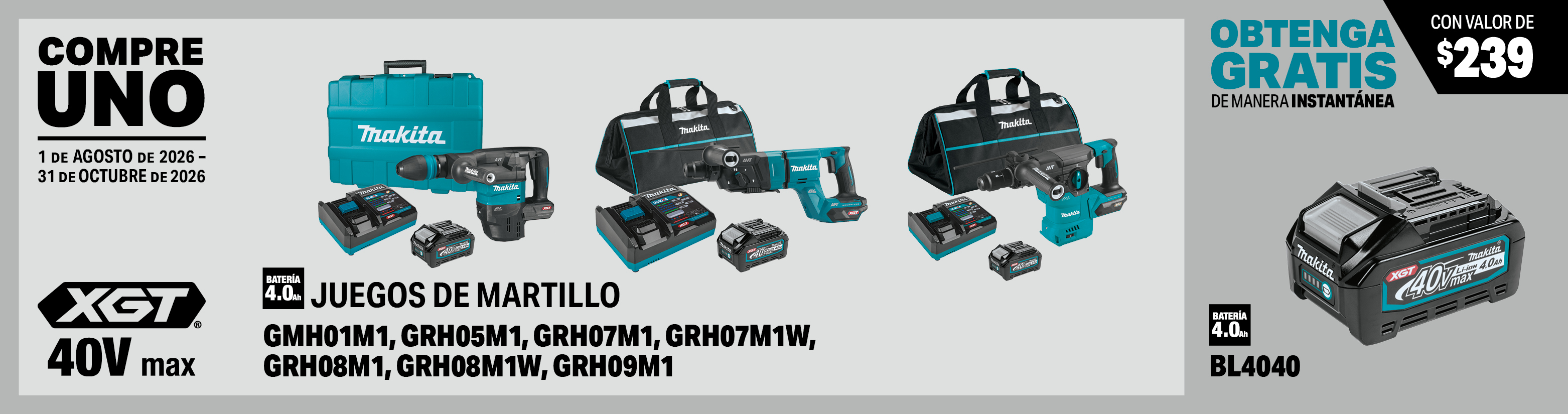compre uno de estos juegos de martillo: gmh01m1, grh05m1, grh07m1, grh07m1w, grh08m1, grh08m1w, grh09m1. obtenga una batería xgt® de 40v max 4.0ah gratis al instante, model(s): bl4040, 