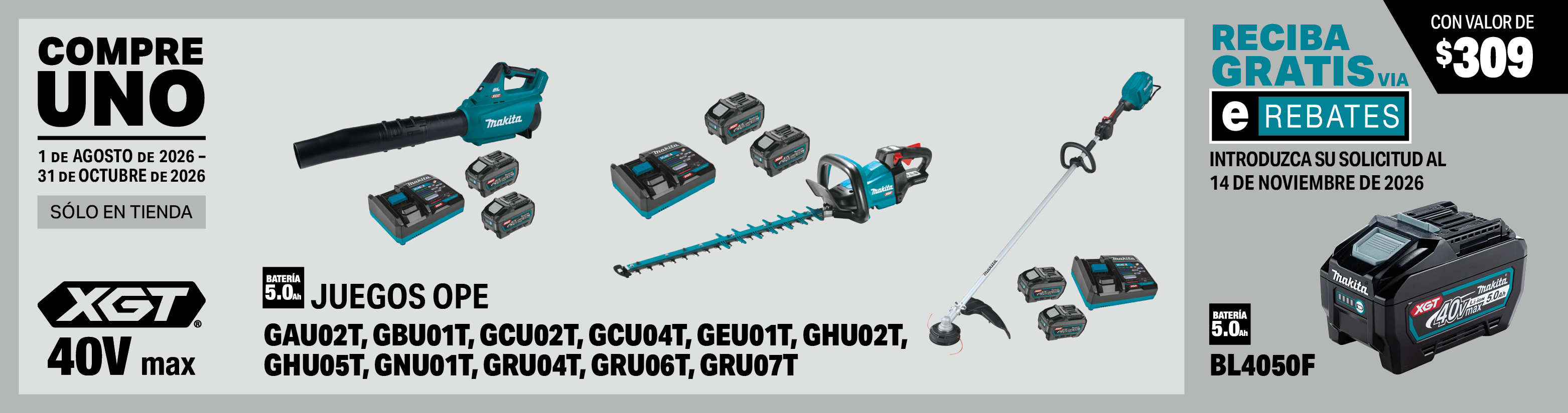 compre uno de estos juegos de equipo para áreas verdes: gau02t, gbu01t, gcu02t, gcu04t, geu01t, ghu02t, ghu05t, gnu01t, gru04t, gru06t, gru07t. reciba una batería xgt® de 40v max 5.0ah gratis, model(s): bl4050f, 