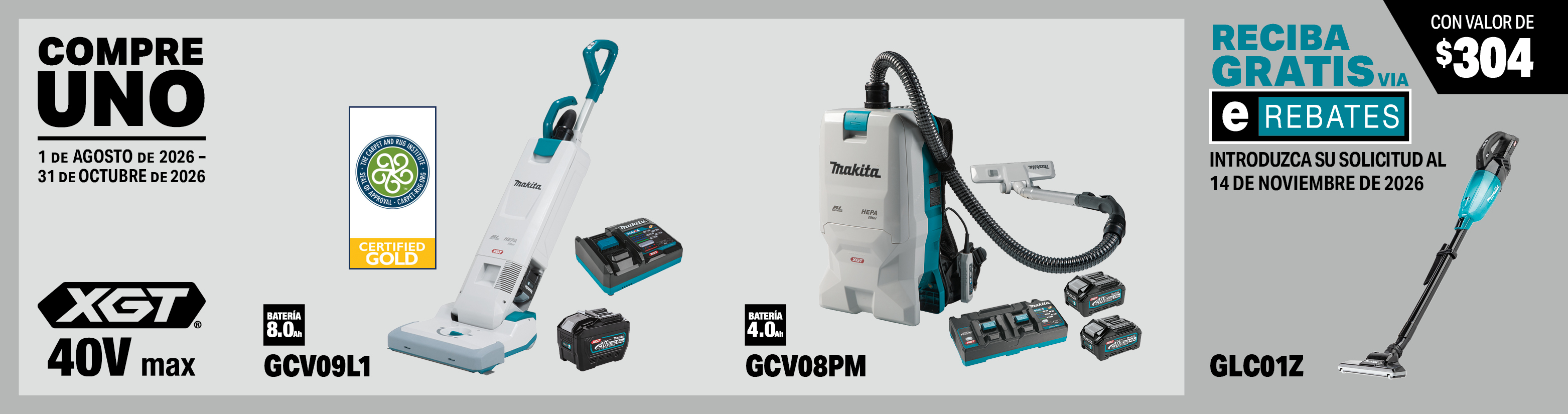 compre uno de estos juegos de aspiradora tipo mochila o aspiradora vertical con filtro hepa inalámbrica xgt® de 40v max sin escobillas: gcv08pm, gcv09l1. reciba una aspiradora vertical de 4 velocidades inalámbrica compact xgt® de 40v max sin escobillas con filtro hepa, sólo herramienta gratis, model(s): glc01z, 