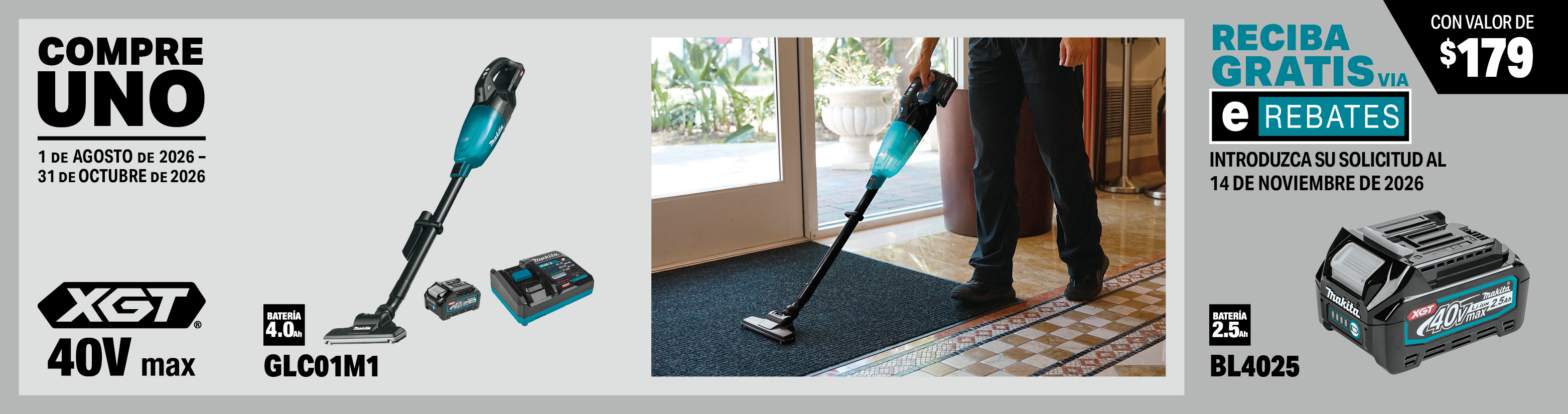 compre uno de los siguientes juego de aspiradora vertical de 4 velocidades inalámbrica compact xgt® de 40v max sin escobillas con filtro hepa (4.0ah): glc01m1. reciba una batería xgt® de 40v max 2.5ah gratis, model(s): bl4025, 